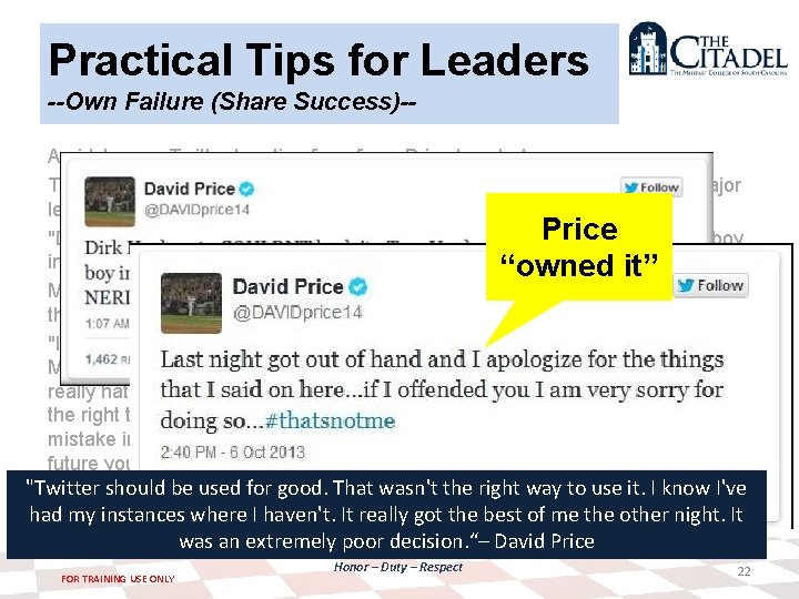 Practical Tips for Leaders --Own Failure (Share Success)-Amidst some Twitter taunting from fans, Price