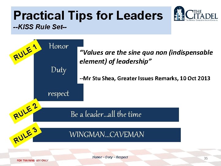 Practical Tips for Leaders --KISS Rule Set-- Honor E 1 L U R Duty