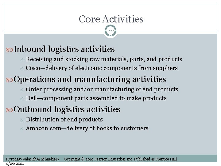 Core Activities 9 -10 Inbound logistics activities Receiving and stocking raw materials, parts, and