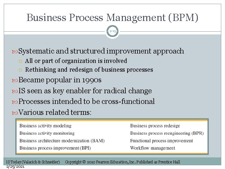 Business Process Management (BPM) 9 -23 Systematic and structured improvement approach All or part