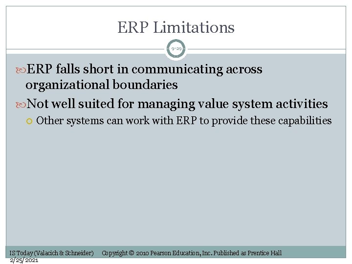 ERP Limitations 9 -29 ERP falls short in communicating across organizational boundaries Not well