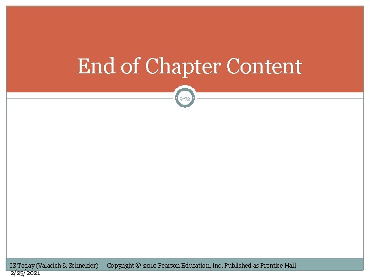 End of Chapter Content 9 -73 IS Today (Valacich & Schneider) 2/25/2021 Copyright ©