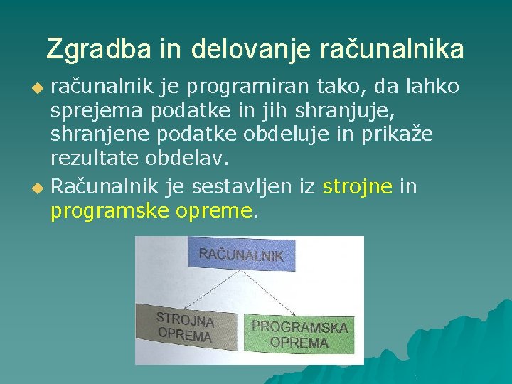 Zgradba in delovanje računalnika računalnik je programiran tako, da lahko sprejema podatke in jih