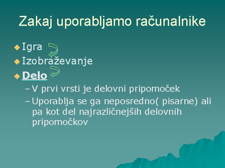 Zakaj uporabljamo računalnike u Igra u Izobraževanje u Delo – V prvi vrsti je