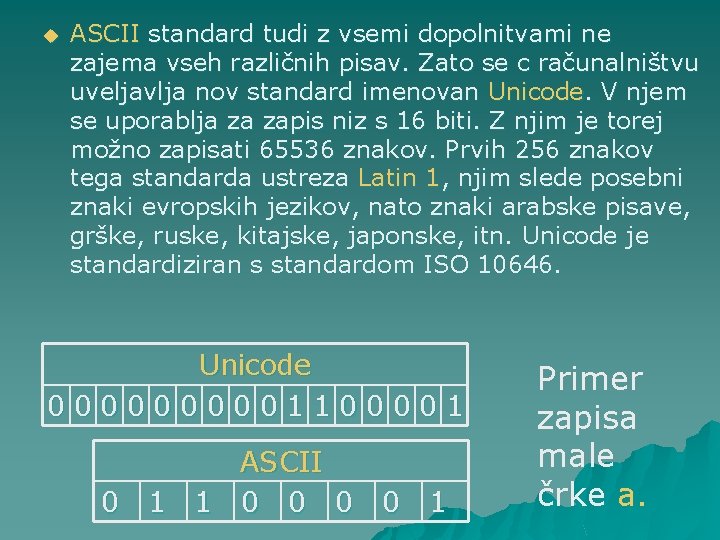 u ASCII standard tudi z vsemi dopolnitvami ne zajema vseh različnih pisav. Zato se