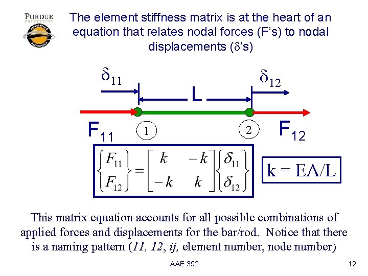 The element stiffness matrix is at the heart of an equation that relates nodal