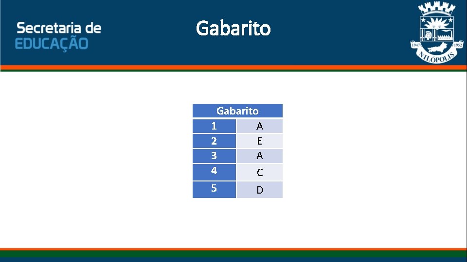 Gabarito 1 A 2 E 3 A 4 C 5 D 