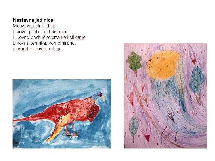 Nastavna jedinica: Motiv: vizualni, ptica Likovni problem: tekstura Likovno područje: crtanje i slikanje Likovna