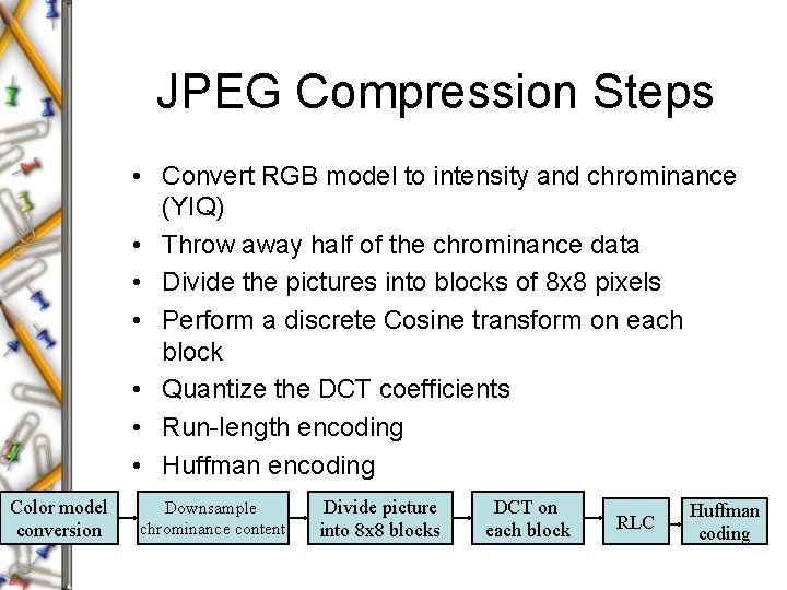 JPEG Compression Steps • Convert RGB model to intensity and chrominance (YIQ) • Throw