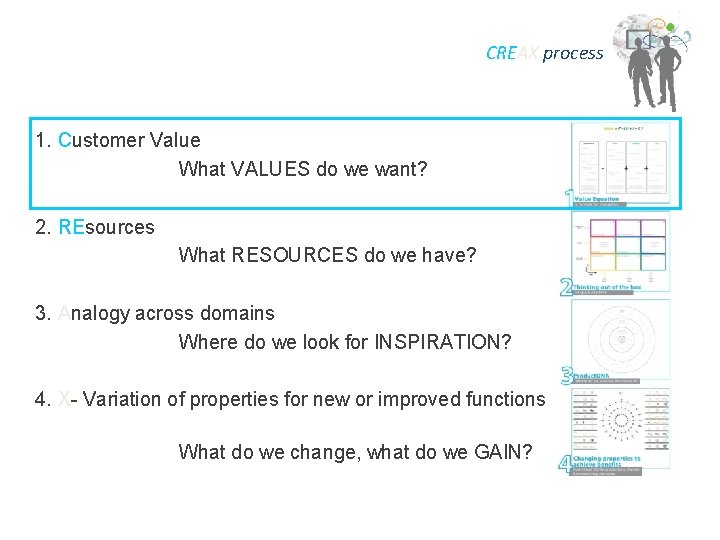 CREAX process 1. Customer Value What VALUES do we want? 2. REsources What RESOURCES