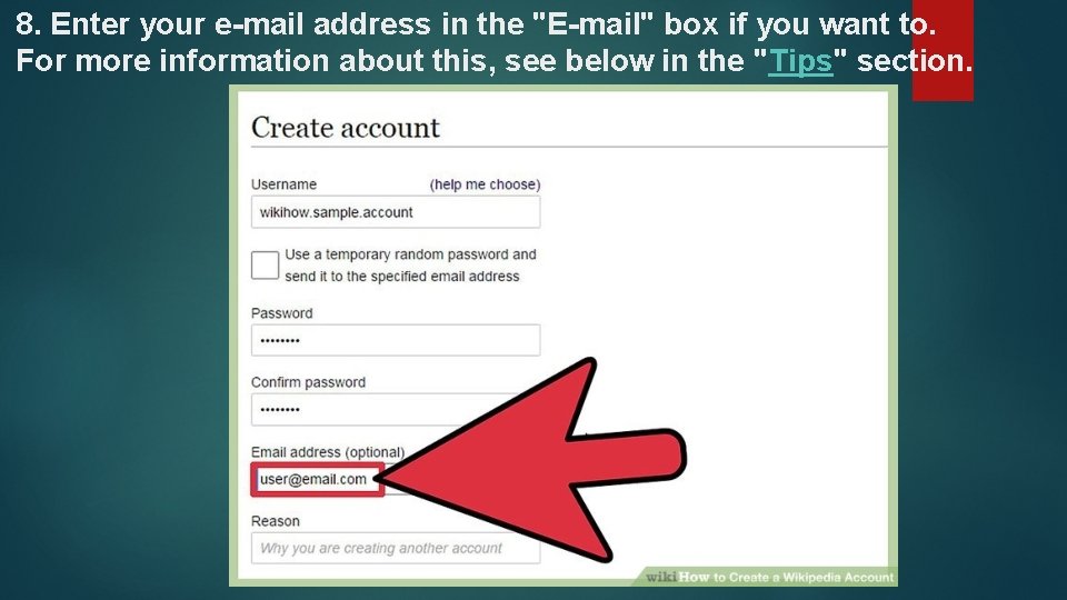8. Enter your e-mail address in the "E-mail" box if you want to. For
