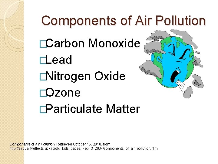 Components of Air Pollution �Carbon Monoxide �Lead �Nitrogen Oxide �Ozone �Particulate Matter Components of Components of Air Pollution �Carbon Monoxide �Lead �Nitrogen Oxide �Ozone �Particulate Matter Components of