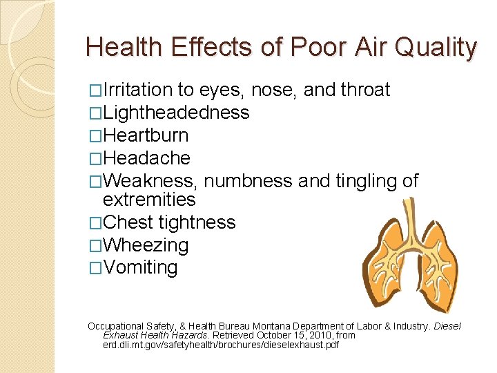 Health Effects of Poor Air Quality �Irritation to eyes, nose, and throat �Lightheadedness �Heartburn Health Effects of Poor Air Quality �Irritation to eyes, nose, and throat �Lightheadedness �Heartburn
