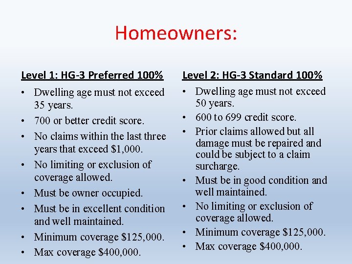 Homeowners: Level 1: HG-3 Preferred 100% Level 2: HG-3 Standard 100% • Dwelling age