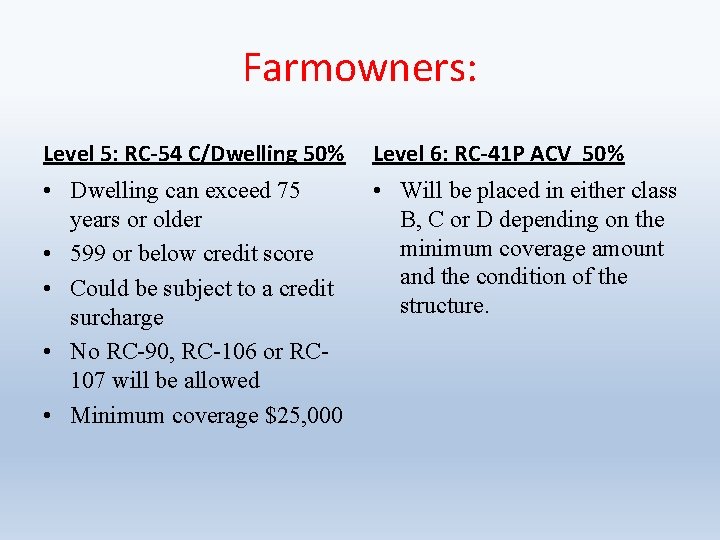 Farmowners: Level 5: RC-54 C/Dwelling 50% Level 6: RC-41 P ACV 50% • Dwelling