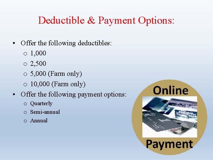 Deductible & Payment Options: • Offer the following deductibles: o 1, 000 o 2,