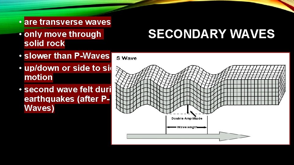  • are transverse waves • only move through solid rock • slower than