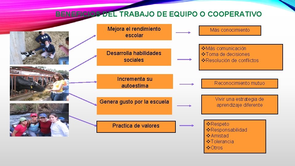 BENEFICIOS DEL TRABAJO DE EQUIPO O COOPERATIVO Mejora el rendimiento escolar Más conocimiento Desarrolla