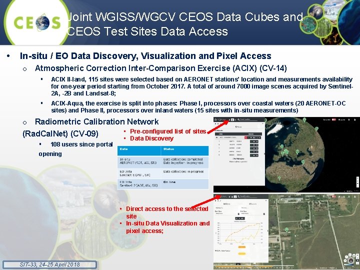 Joint WGISS/WGCV CEOS Data Cubes and CEOS Test Sites Data Access • In-situ /