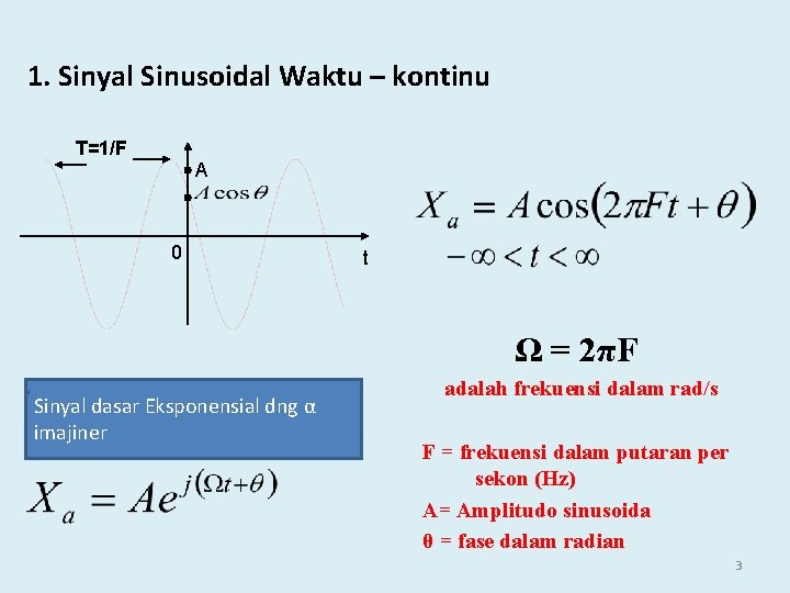 1. Sinyal Sinusoidal Waktu – kontinu T=1/F A 0 t Ω = 2πF Sinyal