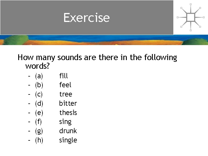 Exercise How many sounds are there in the following words? – – – –