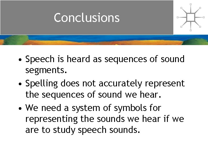 Conclusions • Speech is heard as sequences of sound segments. • Spelling does not