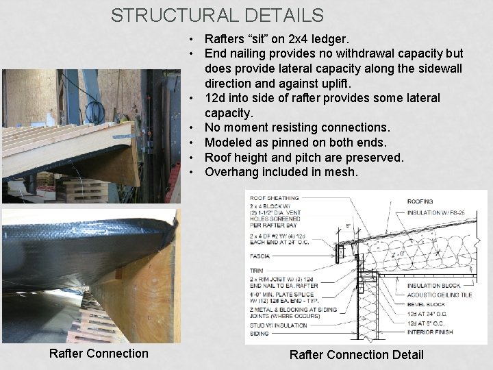 STRUCTURAL DETAILS • Rafters “sit” on 2 x 4 ledger. • End nailing provides