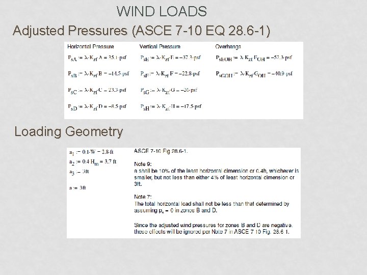 WIND LOADS Adjusted Pressures (ASCE 7 -10 EQ 28. 6 -1) Loading Geometry 