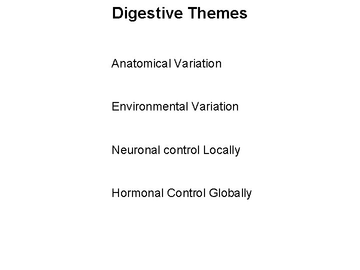 Digestive Themes Anatomical Variation Environmental Variation Neuronal control Locally Hormonal Control Globally 