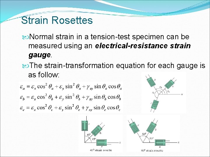 Strain Rosettes Normal strain in a tension-test specimen can be measured using an electrical-resistance