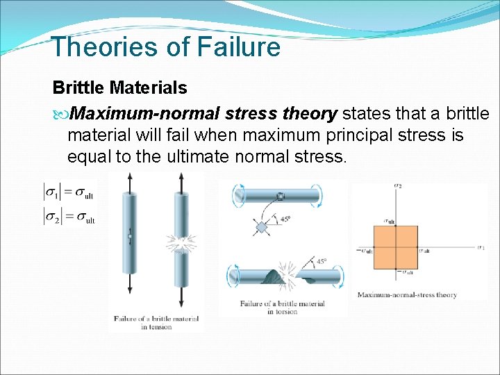 Theories of Failure Brittle Materials Maximum-normal stress theory states that a brittle material will