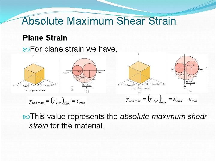 Absolute Maximum Shear Strain Plane Strain For plane strain we have, This value represents