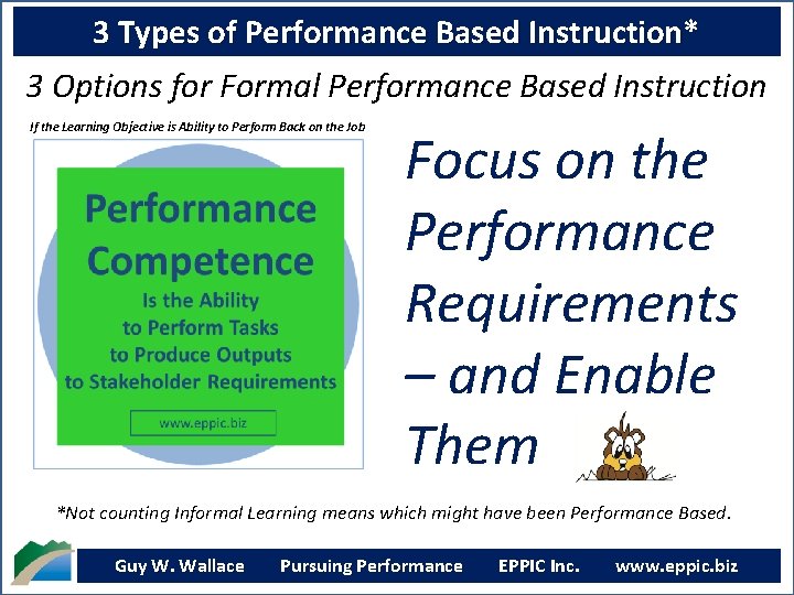 3 Types of Performance Based Instruction* 3 Options for Formal Performance Based Instruction If