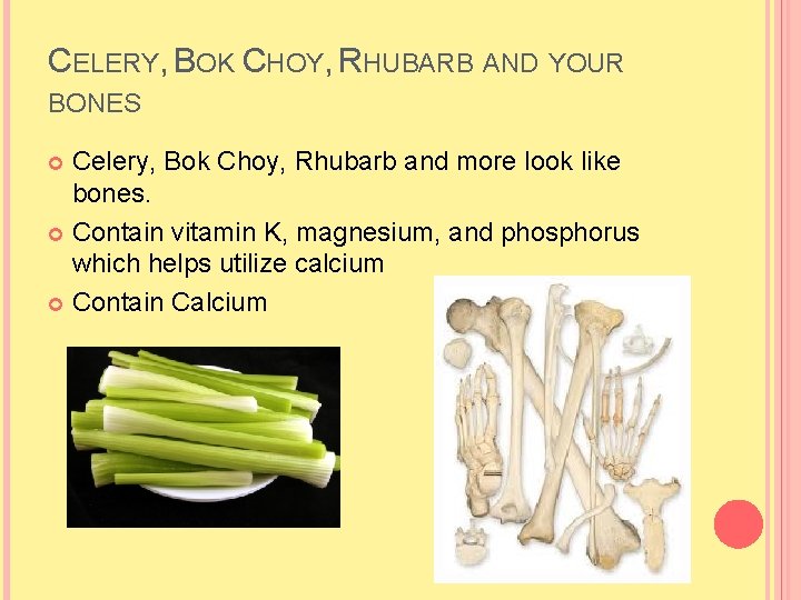 CELERY, BOK CHOY, RHUBARB AND YOUR BONES Celery, Bok Choy, Rhubarb and more look CELERY, BOK CHOY, RHUBARB AND YOUR BONES Celery, Bok Choy, Rhubarb and more look