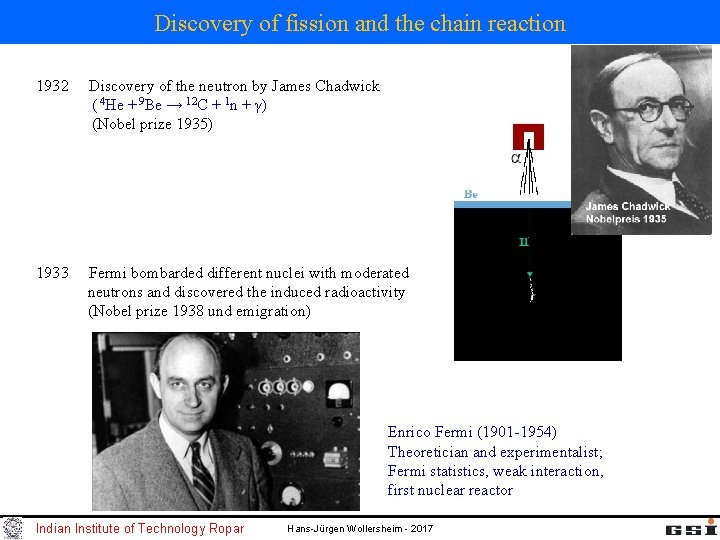 Discovery of fission and the chain reaction 1932 Discovery of the neutron by James Discovery of fission and the chain reaction 1932 Discovery of the neutron by James