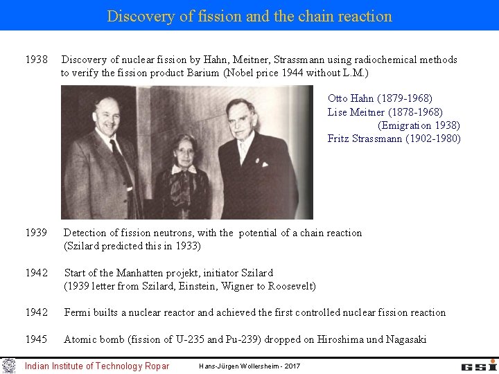 Discovery of fission and the chain reaction 1938 Discovery of nuclear fission by Hahn, Discovery of fission and the chain reaction 1938 Discovery of nuclear fission by Hahn,