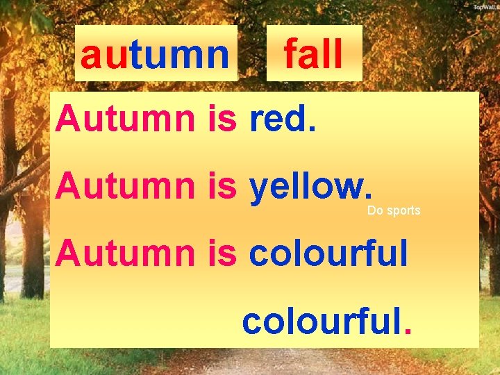 autumn fall Autumn is red. spring summer Autumn is yellow. Do sports Autumn is