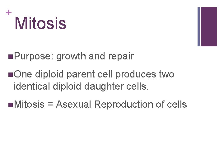 + Mitosis n. Purpose: growth and repair n. One diploid parent cell produces two