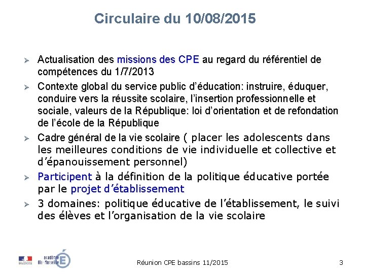 Circulaire missions des CPE 1 Quelques textes Art