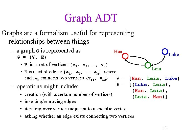 Graph ADT Graphs are a formalism useful for representing relationships between things – a
