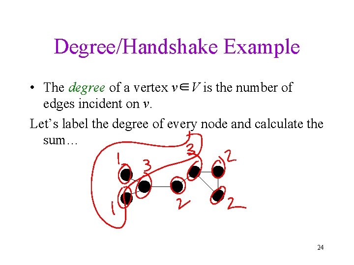 Degree/Handshake Example • The degree of a vertex v∈V is the number of edges