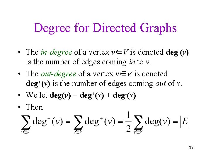 Degree for Directed Graphs • The in-degree of a vertex v∈V is denoted deg-(v)