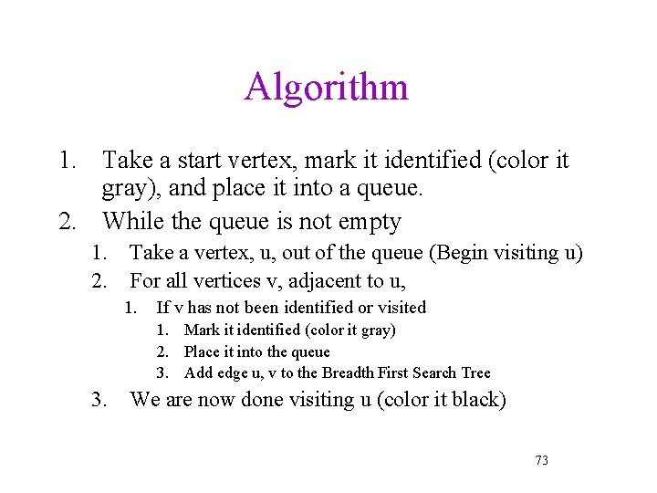 Algorithm 1. Take a start vertex, mark it identified (color it gray), and place