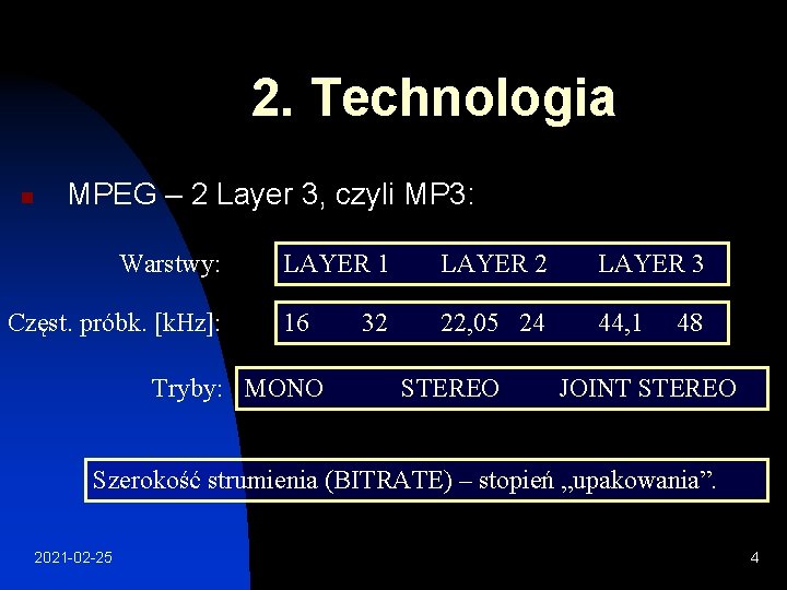 2. Technologia n MPEG – 2 Layer 3, czyli MP 3: Warstwy: Częst. próbk.