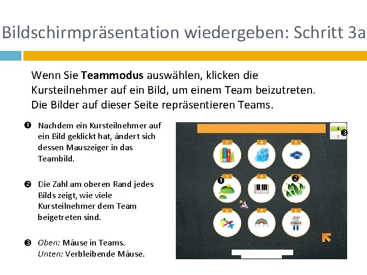 Bildschirmpräsentation wiedergeben: Schritt 3 a Wenn Sie Teammodus auswählen, klicken die Kursteilnehmer auf ein