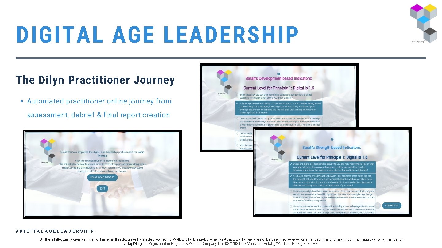 DIGITAL AGE LEADERSHIP The Dilyn Practitioner Journey • Automated practitioner online journey from assessment,