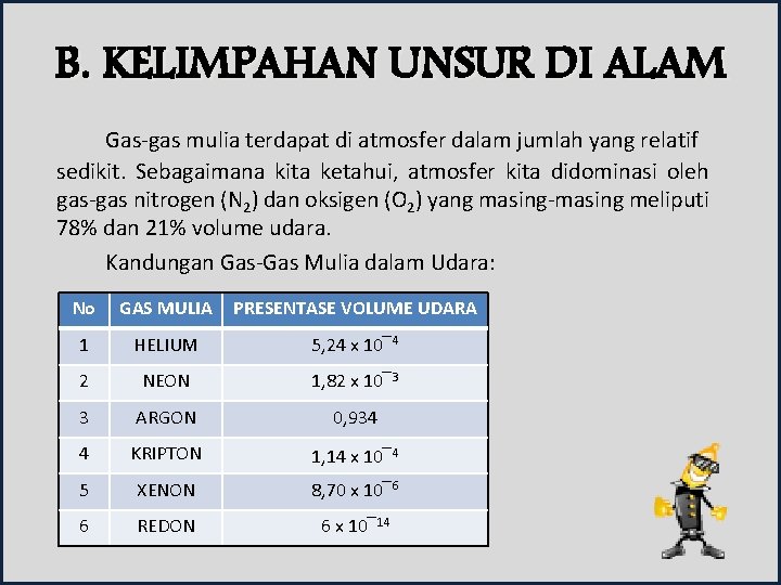 B. KELIMPAHAN UNSUR DI ALAM Gas-gas mulia terdapat di atmosfer dalam jumlah yang relatif