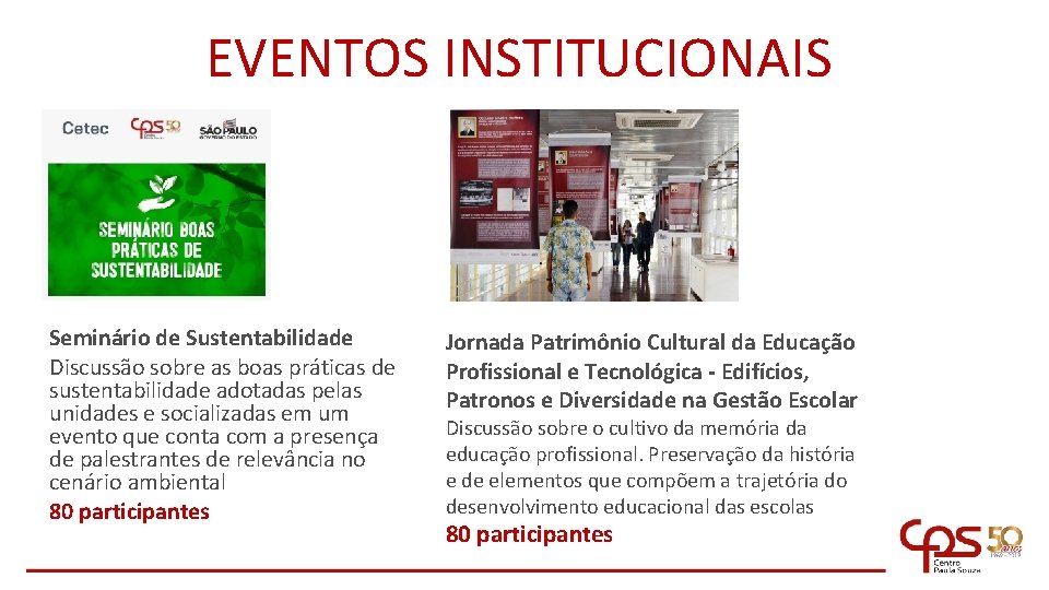 EVENTOS INSTITUCIONAIS Seminário de Sustentabilidade Discussão sobre as boas práticas de sustentabilidade adotadas pelas