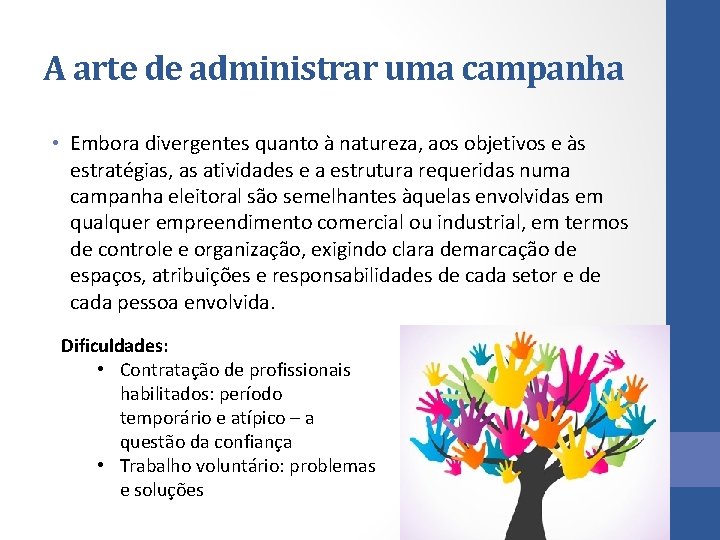 A arte de administrar uma campanha • Embora divergentes quanto à natureza, aos objetivos