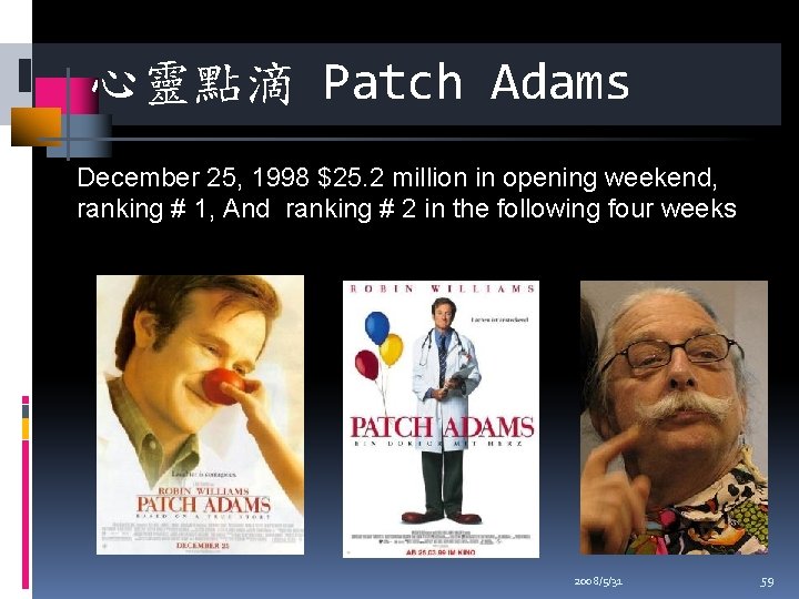 心靈點滴 Patch Adams December 25, 1998 $25. 2 million in opening weekend, ranking #